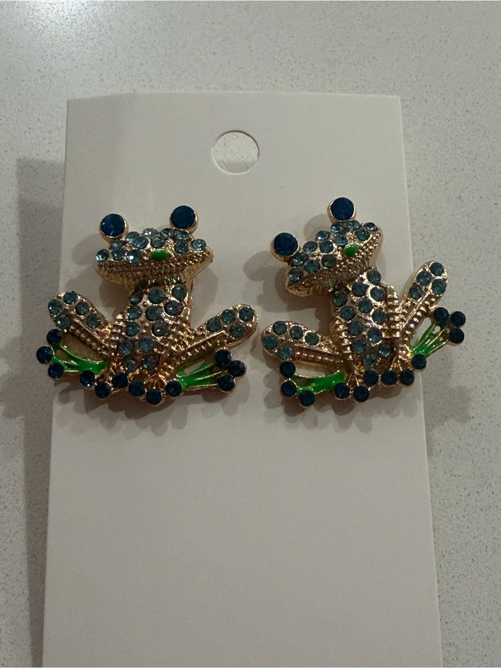 Cute Blue & Green Frog Rhinestone Stud Earrings - Picture 4 of 5